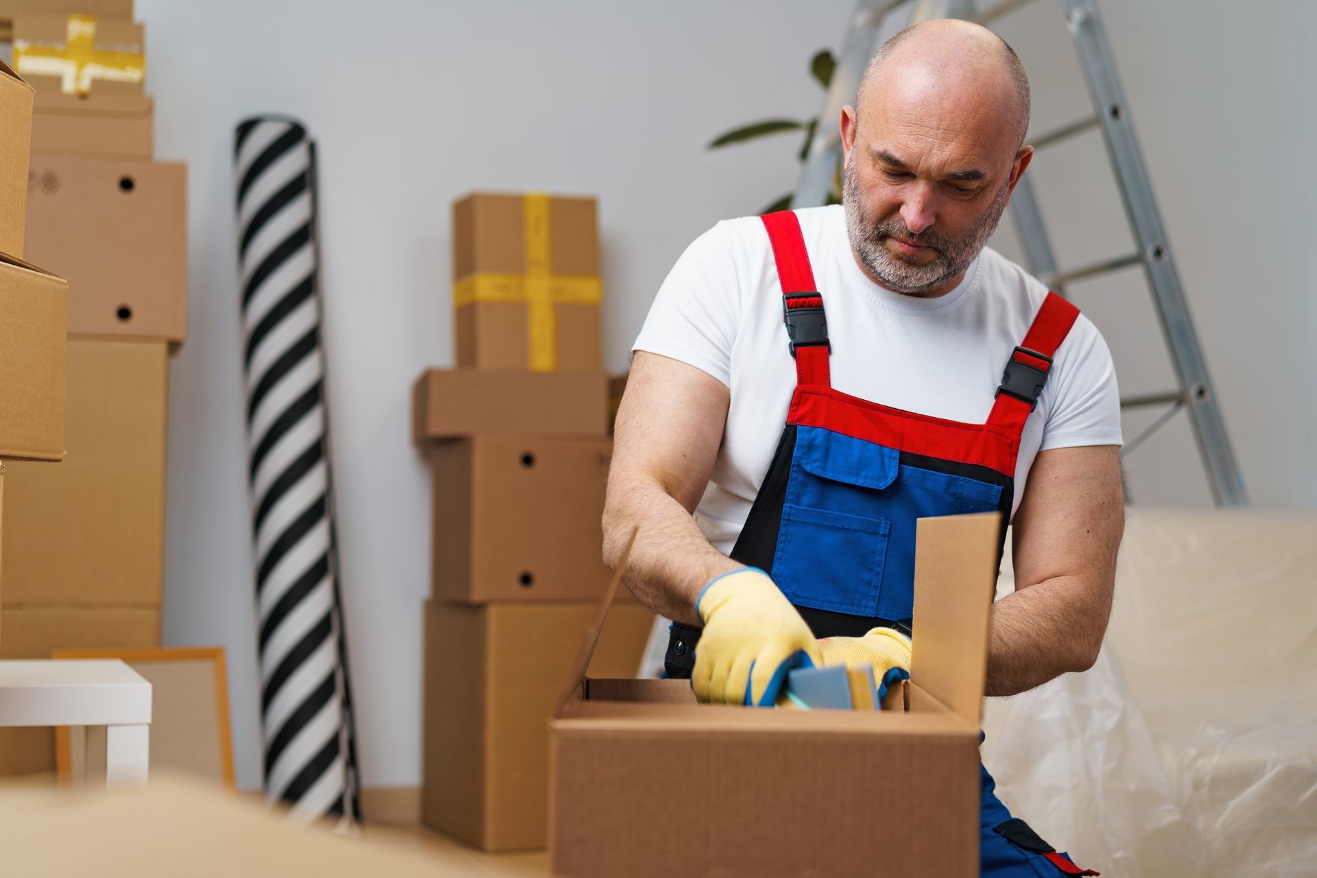 A man is packing a cardboard box in a living room.