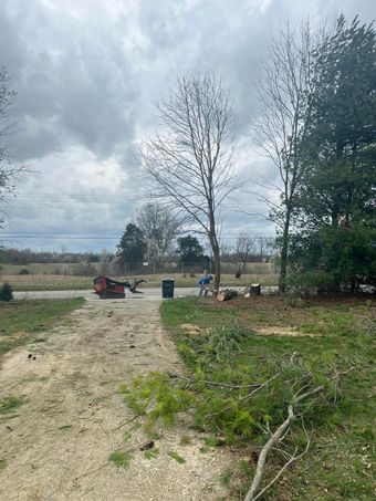 A dirt path leads to a rural field with trees, equipment, and people under a cloudy sky.