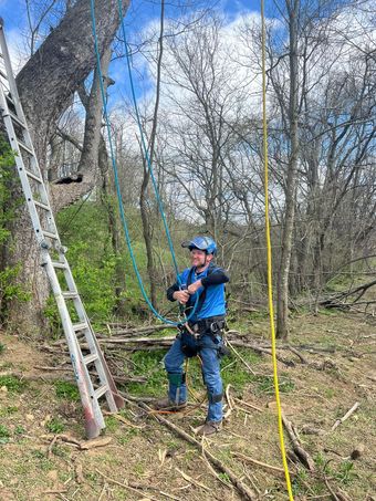 Climber in blue helmet and jacket stands in a wooded area beside ropes and a ladder under a blue sky