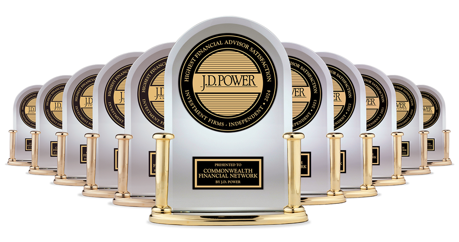 A row of id power trophies are lined up in a row