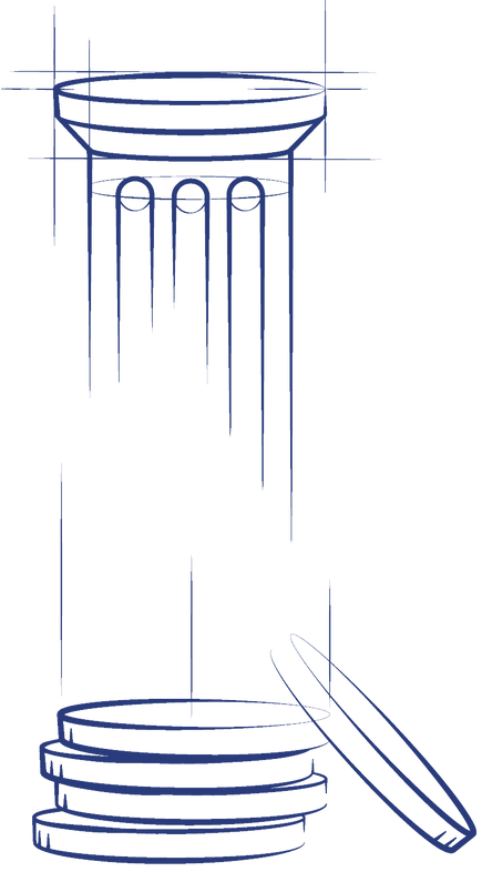 A drawing of a pillar and a stack of coins.