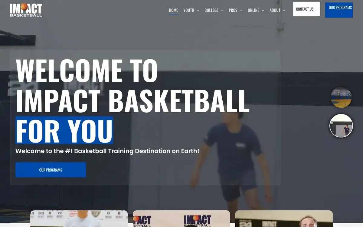 Impact Basketball website, home page