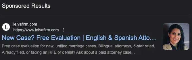 Leiva Law Firm sponsored Google result: New Case? Free Evaluation, English and Spanish attorneys