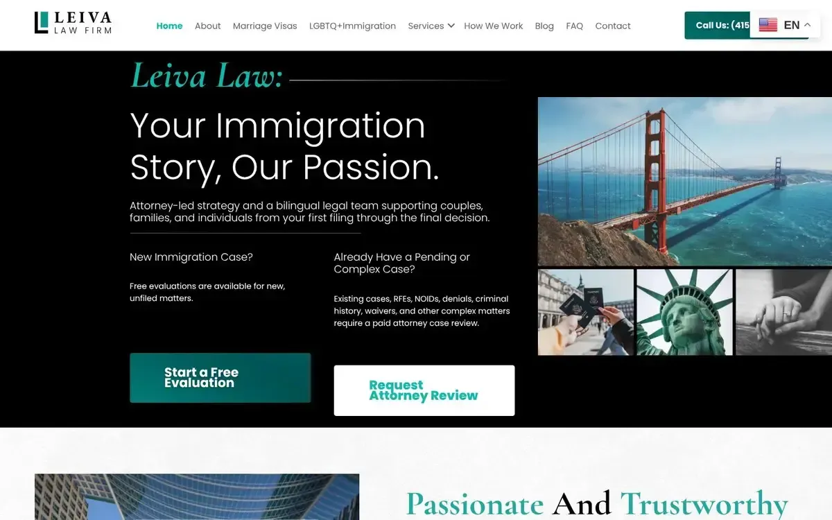 Leiva Law Firm website, home page