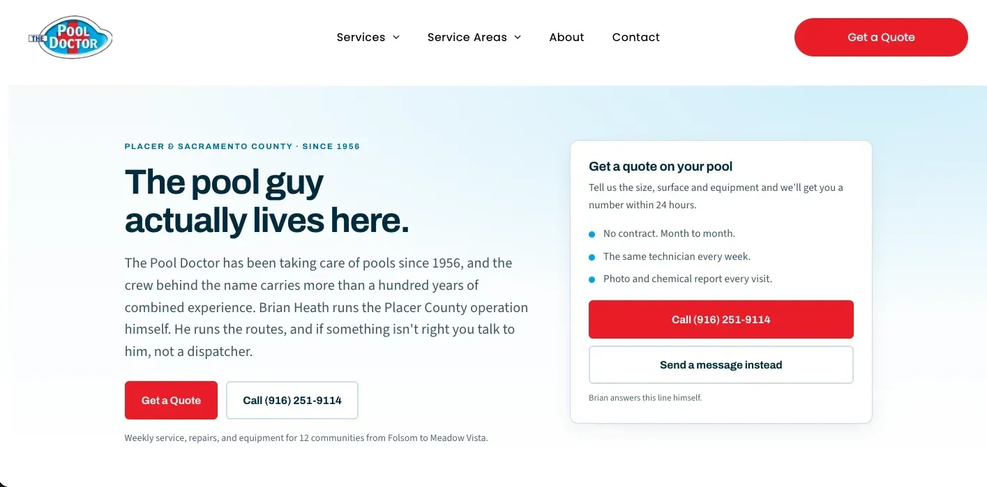 The Pool Doctor Placer home page: The pool guy actually lives here, with a quote form and call button