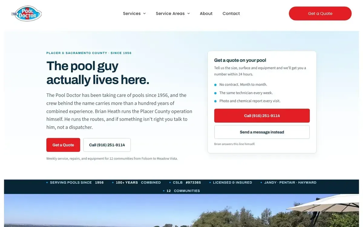 The Pool Doctor Placer website, home page
