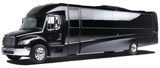 A black shuttle bus is parked on a white background.