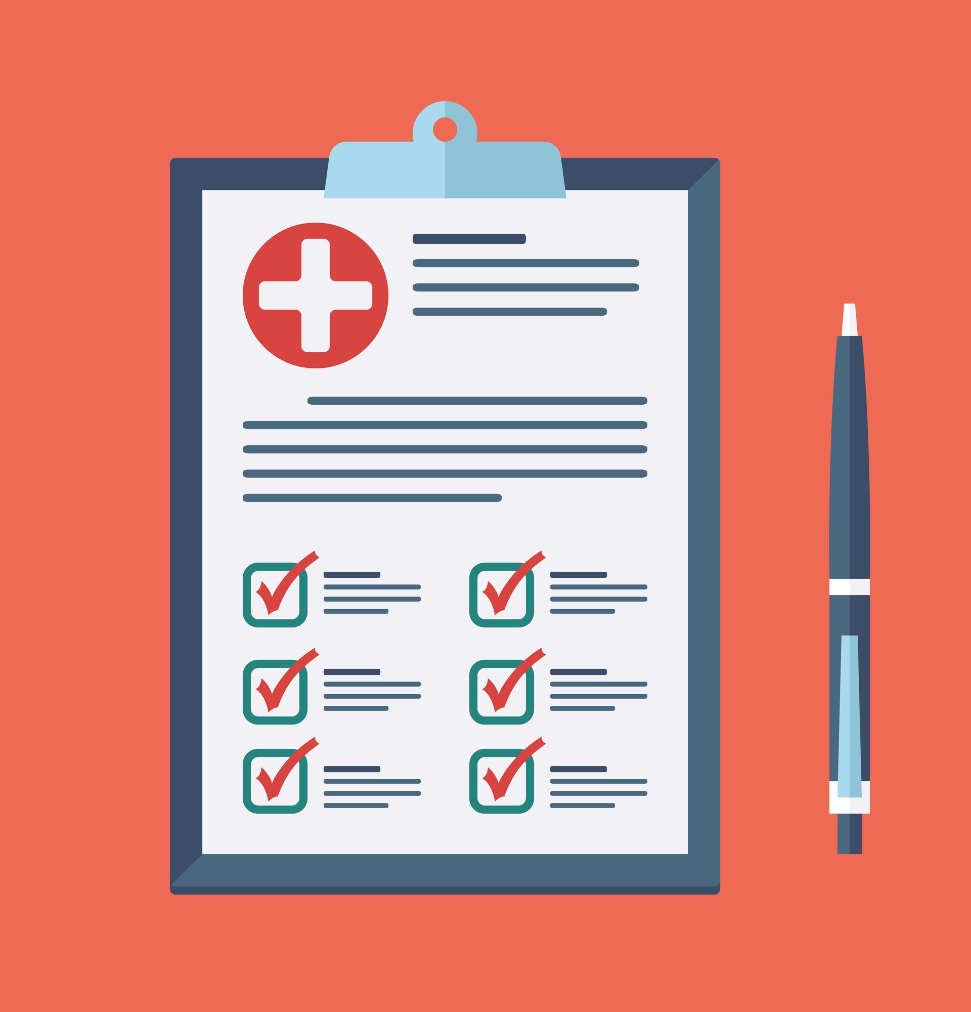 Cartoon medical checklist with pen. 