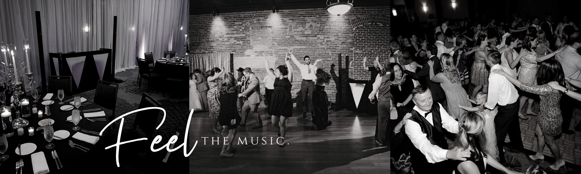 Black-and-white collage of a lively indoor dance event with guests seated and dancing under draped lights and a brick wall.