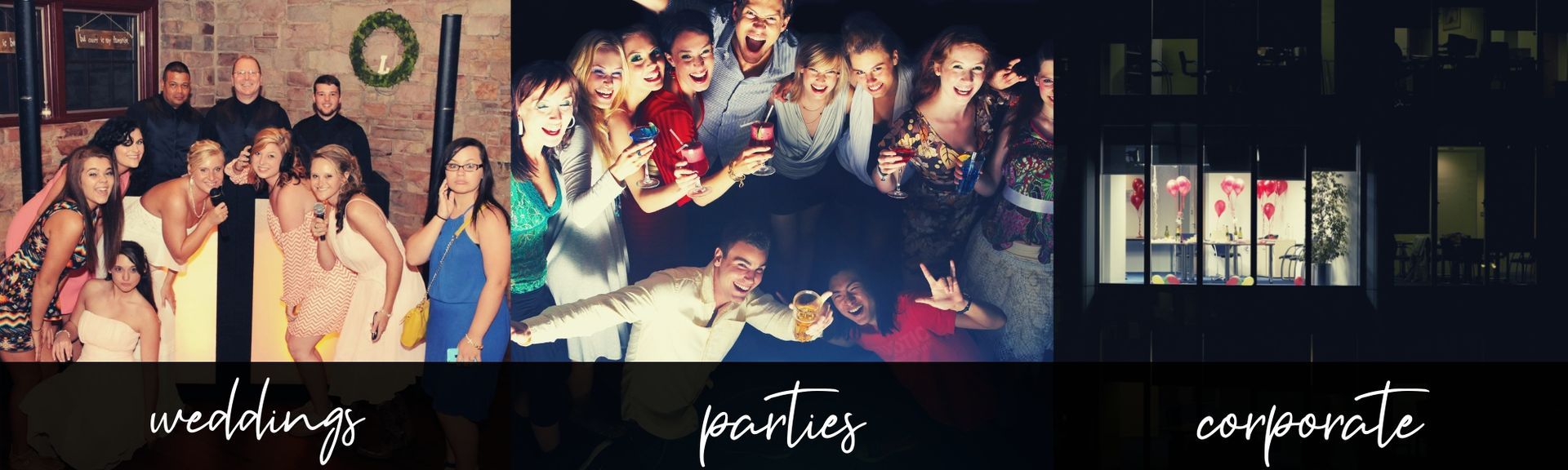 Three party photos in a collage labeled weddings, parties, and corporate events.