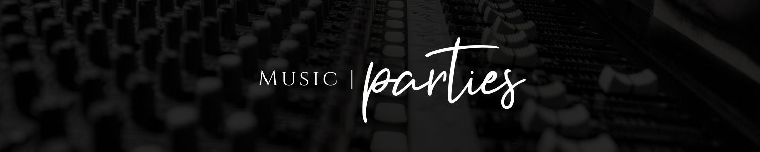 Dark concert crowd background with white script text reading “Music parties”