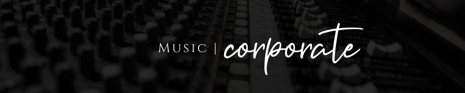 Dark concert crowd with a white script logo reading “music corporate” across the center.