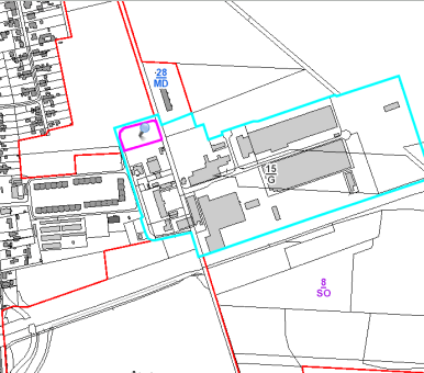 Beschrifteter Lageplan mit roten, türkisfarbenen und magentafarbenen Begrenzungslinien um Gebäude und Straßen