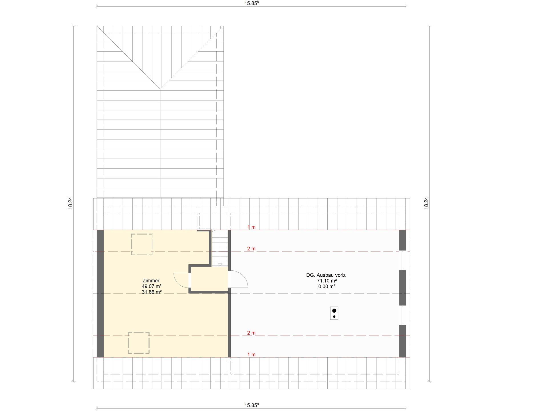 Architektonischer Grundriss mit einem hervorgehobenen Raum und angrenzenden Bereichen, dargestellt in Schwarz und Beige.