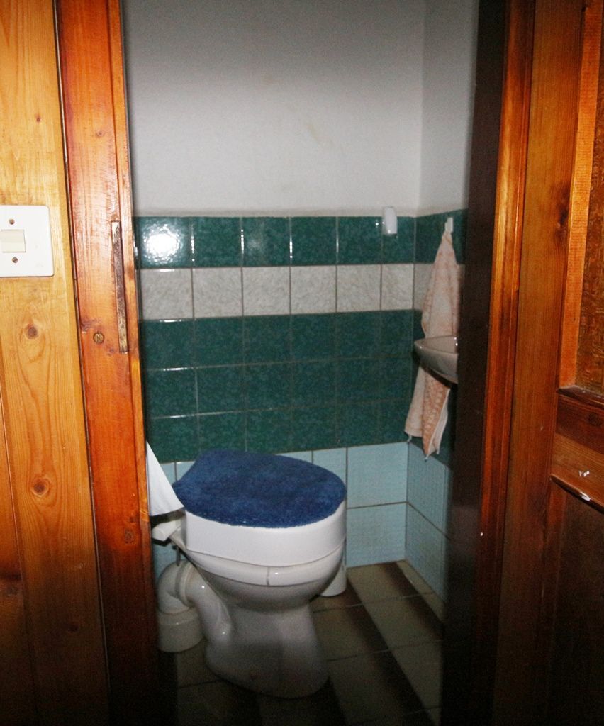 Kleines Badezimmer mit Toilette, blauem Toilettensitzbezug, grünen Fliesenwänden und Türrahmen aus Holz