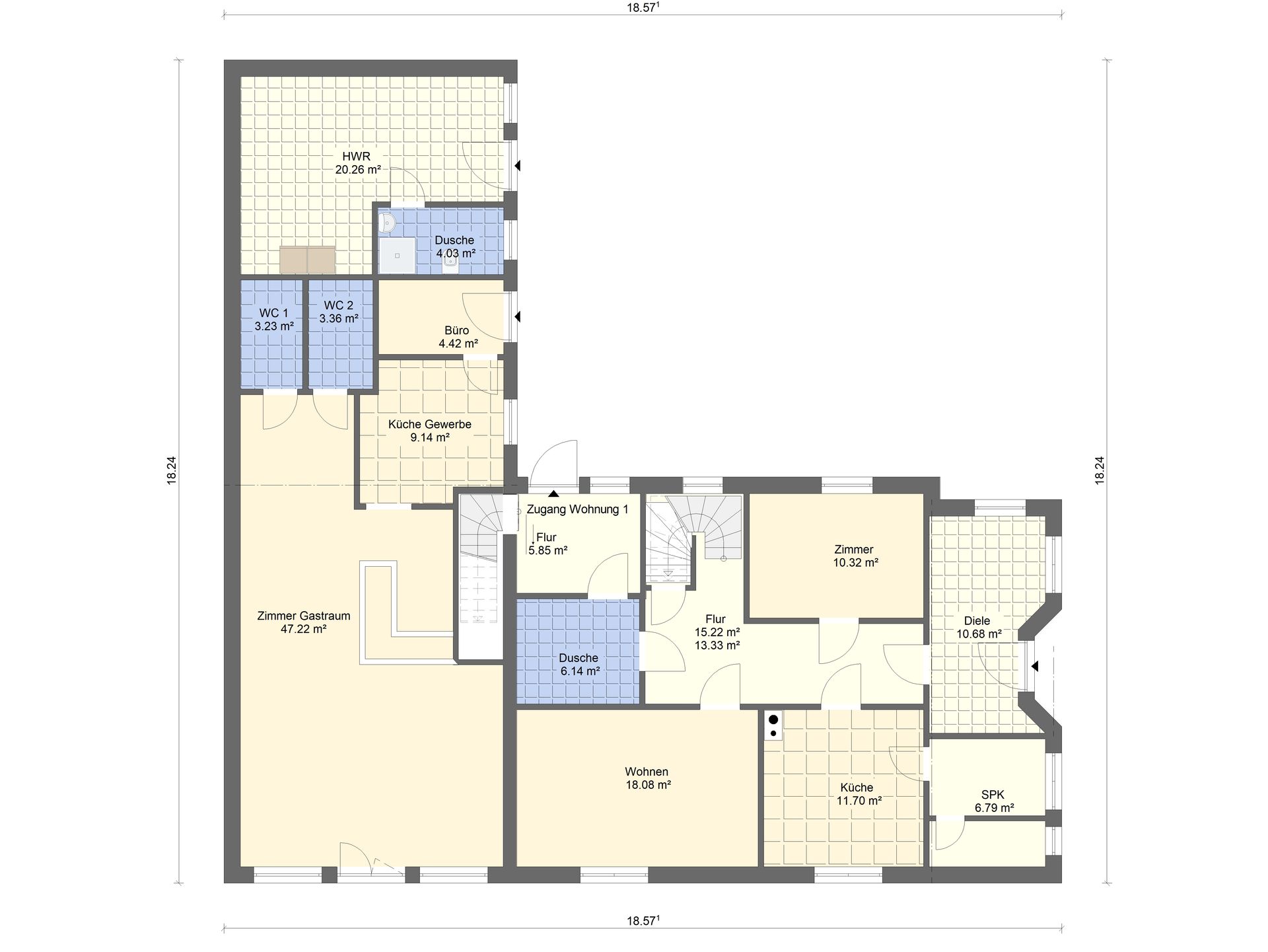 Grundriss einer Wohnung mit mehreren Zimmern, Badezimmern und Fluren, die in Hellbeige und Blau markiert sind.