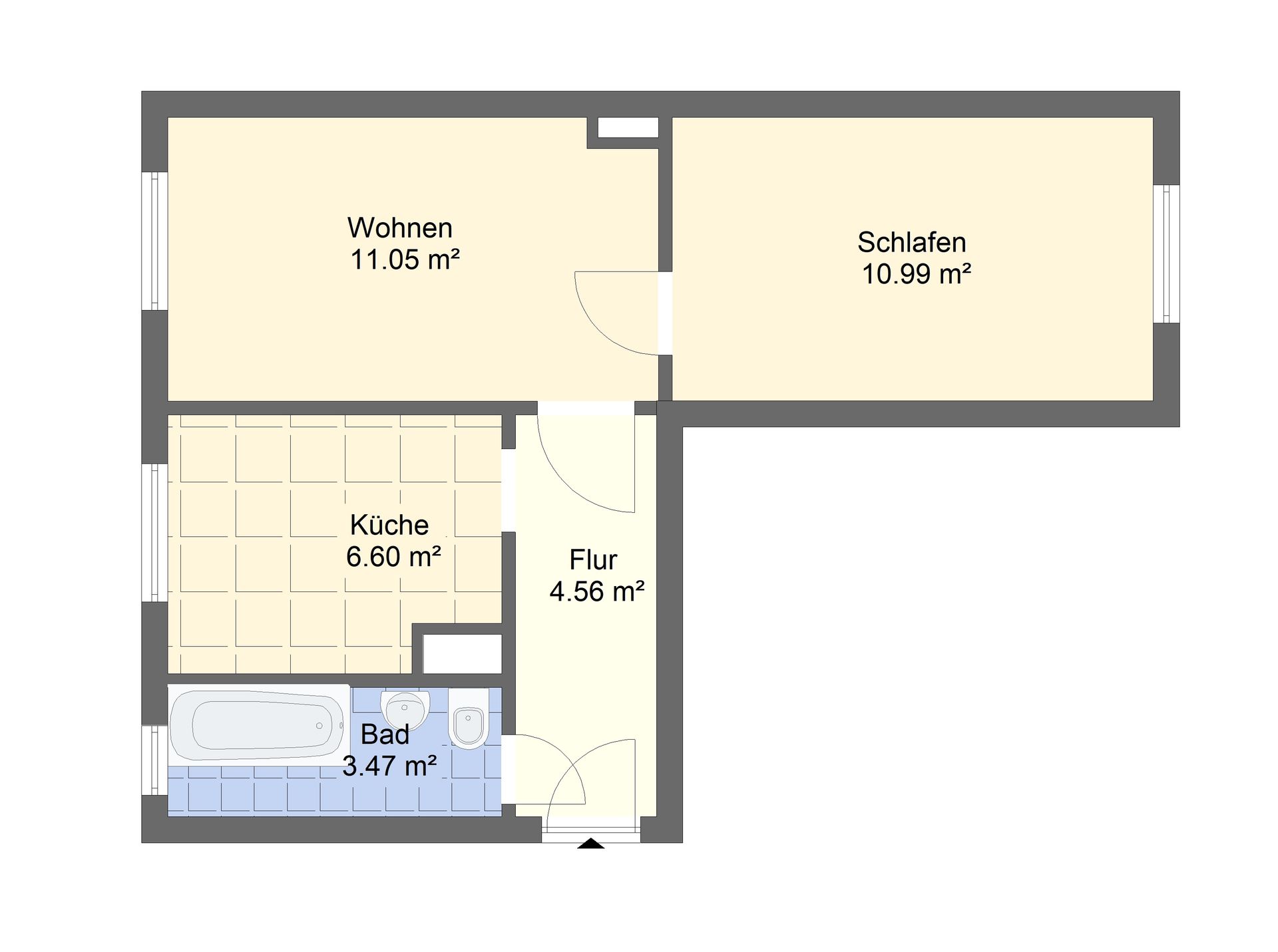 Grundriss einer kleinen Wohnung mit beschrifteten Räumen: Wohnzimmer, Schlafzimmer, Küche, Bad und Flur.