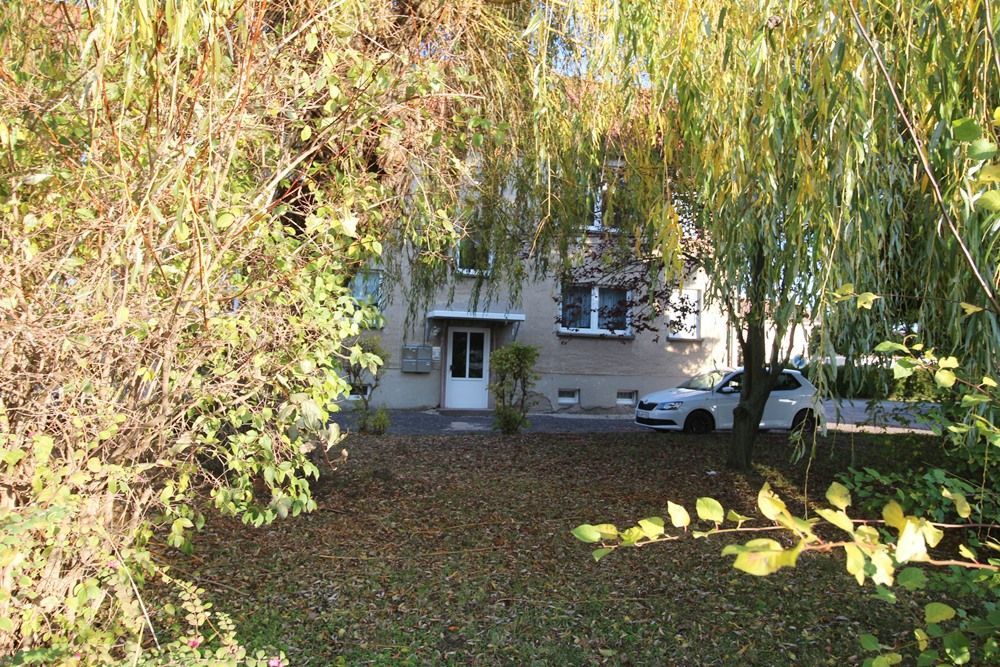 Das Haus ist teilweise von Bäumen verdeckt, davor parkt ein weißes Auto und auf dem Boden liegen herabgefallene Blätter.
