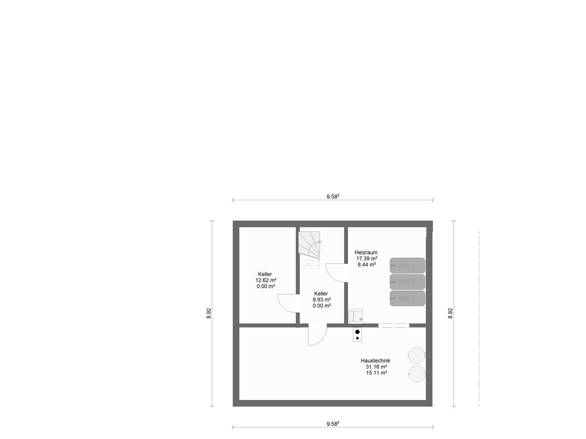Architektonischer Grundriss in Schwarz-Weiß mit Raumumrissen und Bemaßungslinien