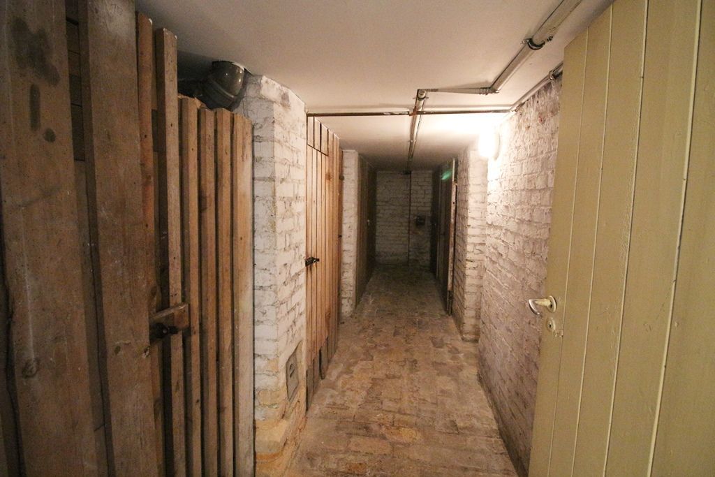 Schmaler Kellerflur mit Steinwänden, Holztüren und rauem Betonboden.