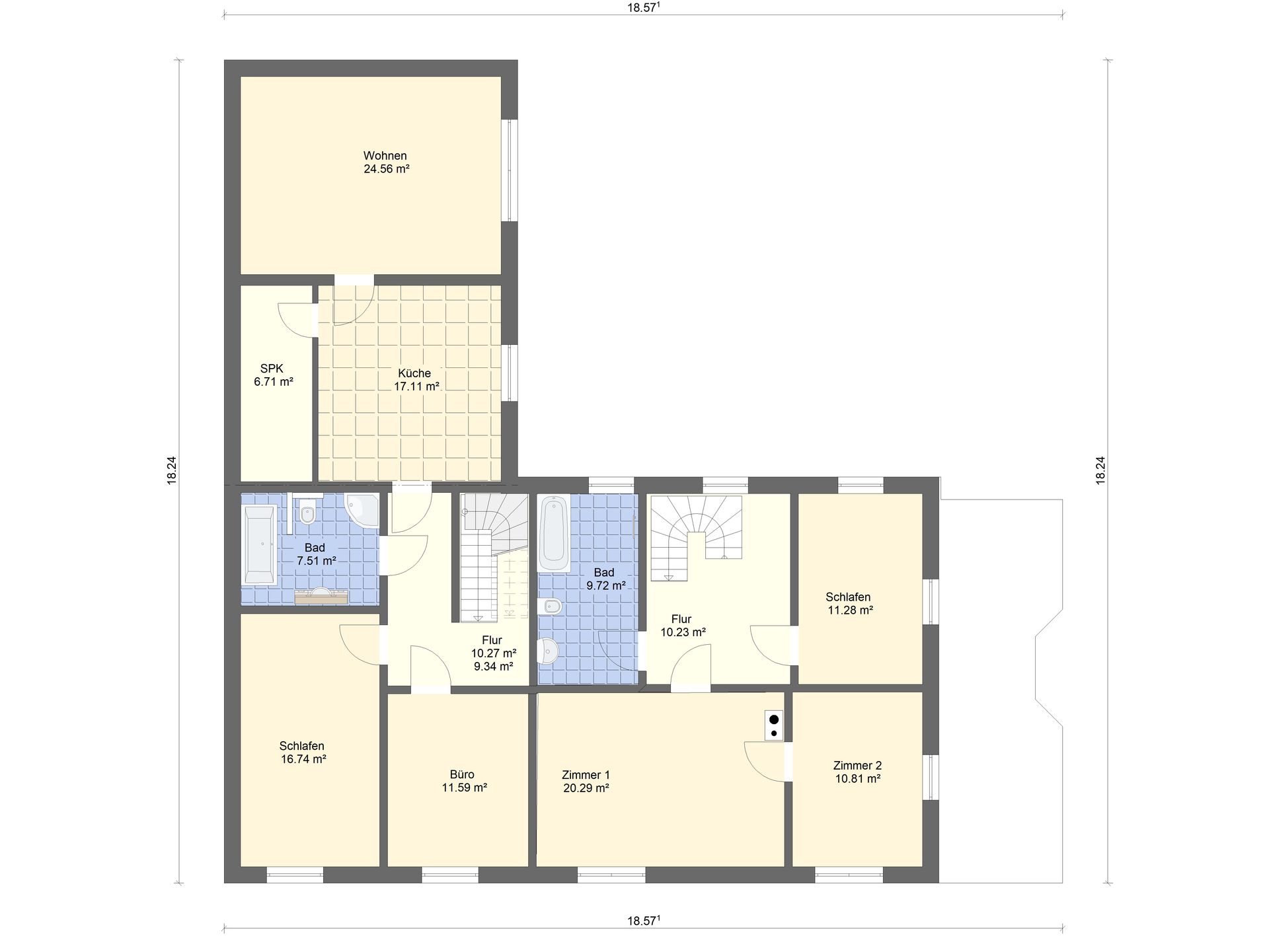 Grundriss einer kleinen Wohnung mit mehreren beigen Zimmern und blauen Badezimmern.