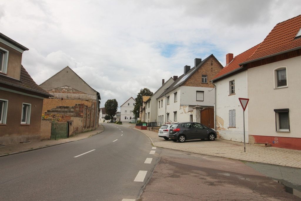 Ruhige Dorfstraße mit geparkten Autos, weißen Häusern und bewölktem Himmel.