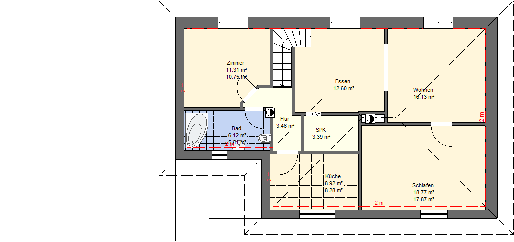 Grundriss eines kleinen Hauses mit beschrifteten Zimmern, Türen und beigen Wänden.