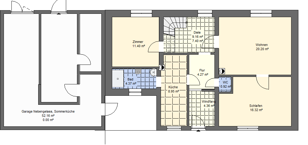 Architektonischer Grundriss in Schwarz-Weiß eines Hauses mit mehreren Zimmern und einer Garage.