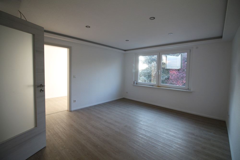 Leerer weißer Raum mit Holzboden, Türöffnung und zwei Fenstern, die Tageslicht hereinlassen