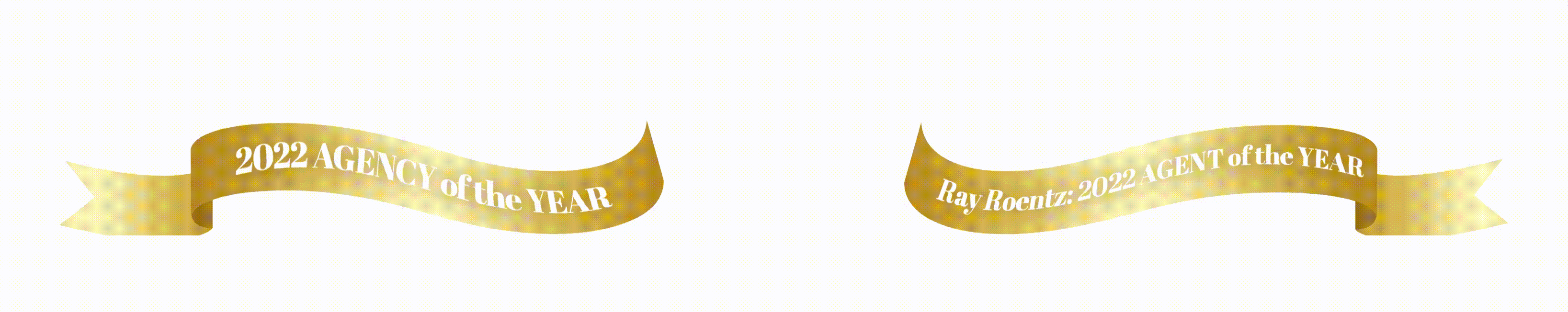 Two gold ribbons with letters on them on a white background.