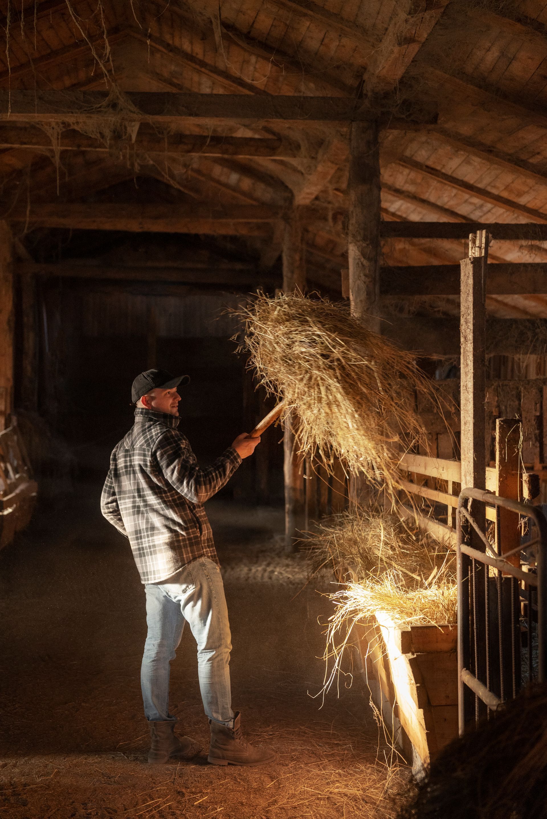 A man is throwing hay in a barn at night.