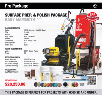 Promotional flyer for a surface prep and polish package with floor machine, equipment, and buckets on display
