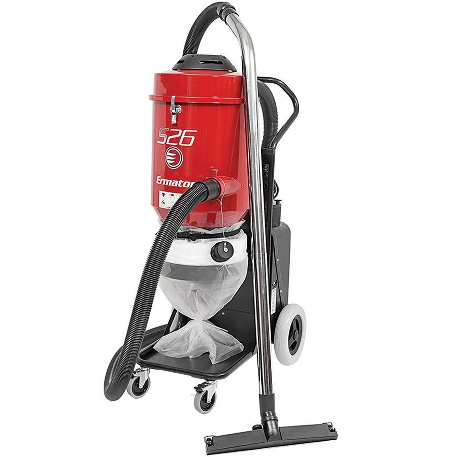 Red upright vacuum cleaner with hose, canister, and floor attachment on wheels