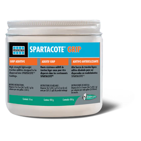 White jar of Spartacote Grip adhesive with blue, orange, and teal label on a white background