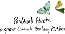 Pasquali Paints logo with two butterflies and the tagline “a greener Community Building Platform”