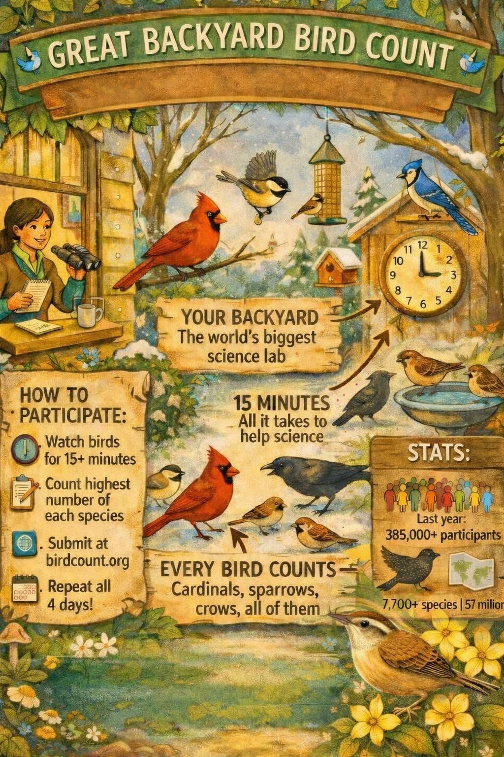 “Great Backyard Bird Count” poster with bird illustrations and participation instructions for counting birds