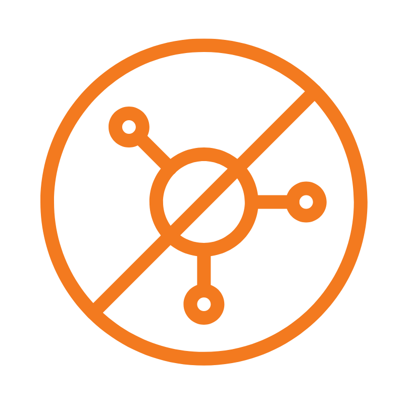 Cercle orange avec une structure moléculaire barrée, indiquant l'absence d'additifs ou de produits chimiques.