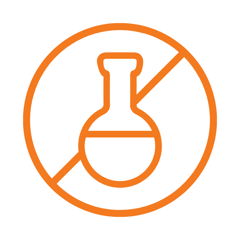 Cercle orange avec flacon barré ; indique « absence de produits chimiques ».