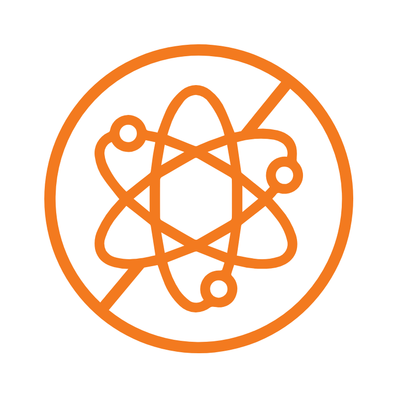 Cercle orange avec symbole atomique barré, indiquant l'absence de contenu atomique.