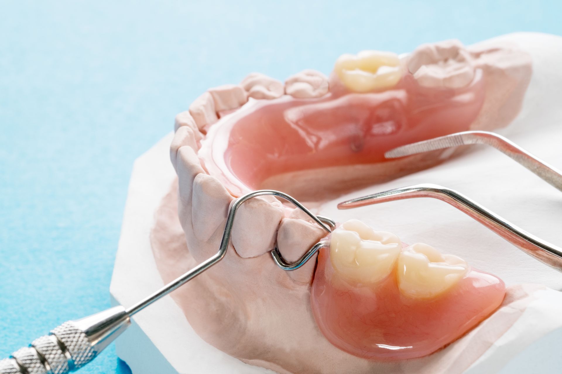 Dental model with braces being adjusted by metal orthodontic tools