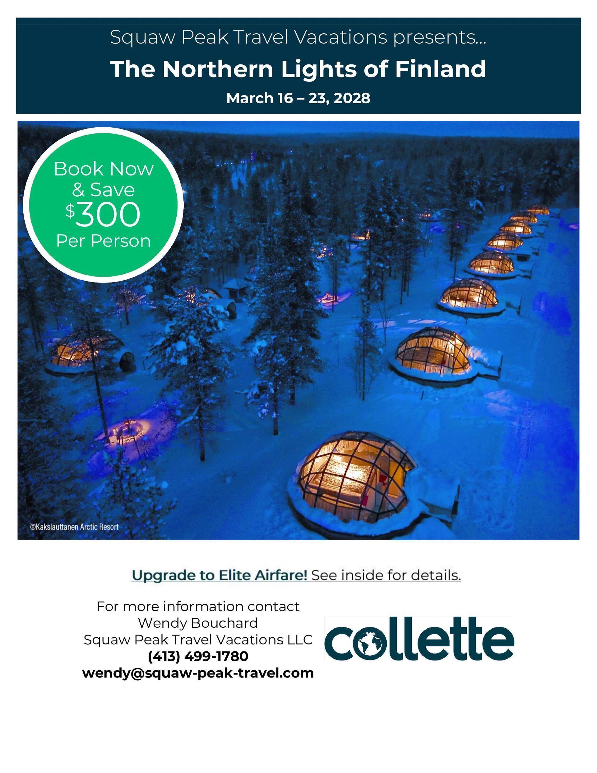 Northern Lights of Finland travel ad with snowy blue night scene and lodge cabins under aurora glow