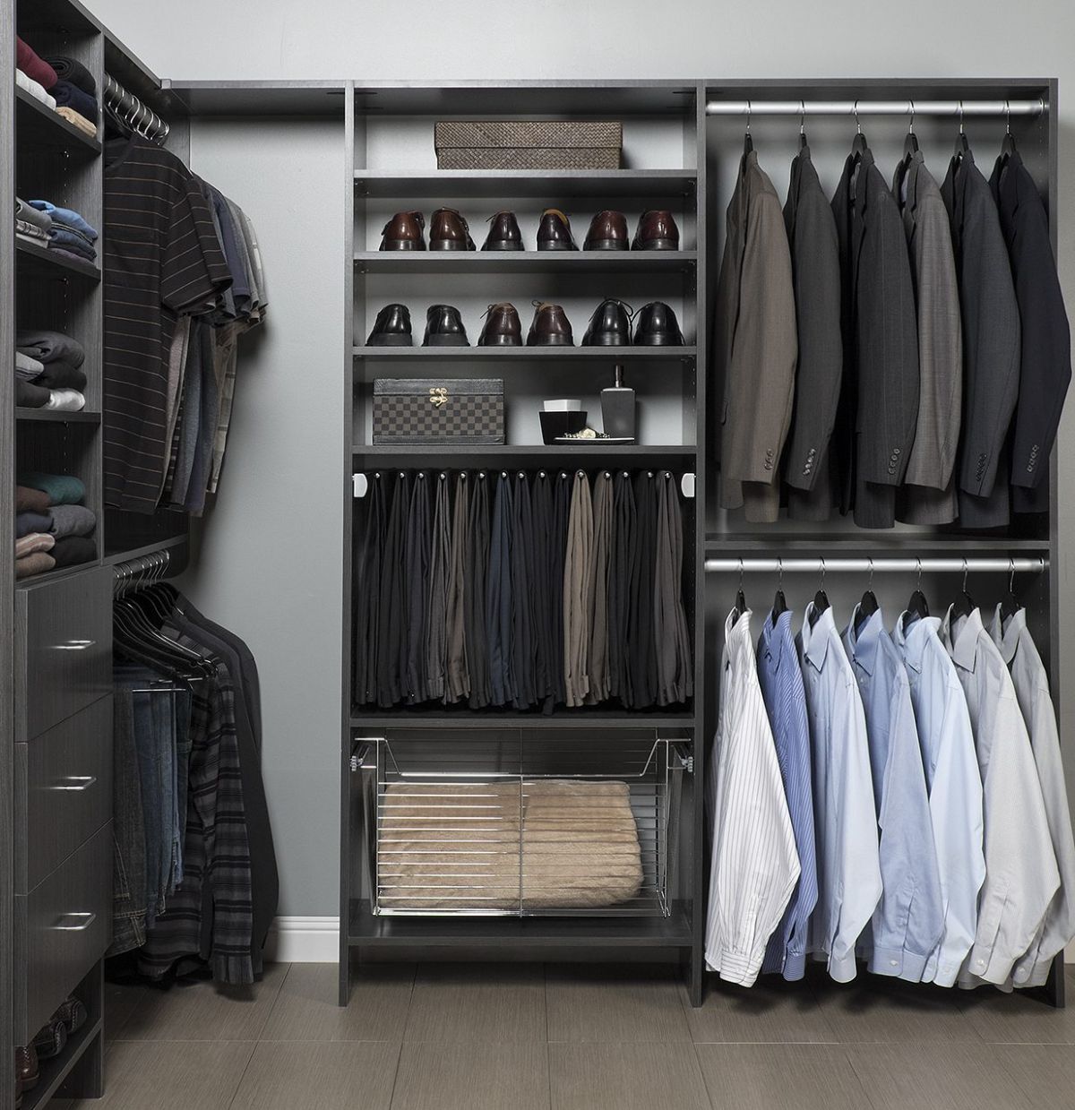 A closet filled with lots of clothes and shoes