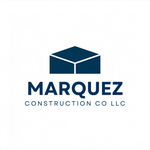 A dark blue logo for Marquez Construction Co LLC, featuring a stylized building block icon above the company name.