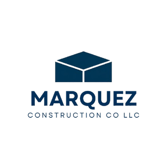 A dark blue logo featuring a stylized roof icon above the text 