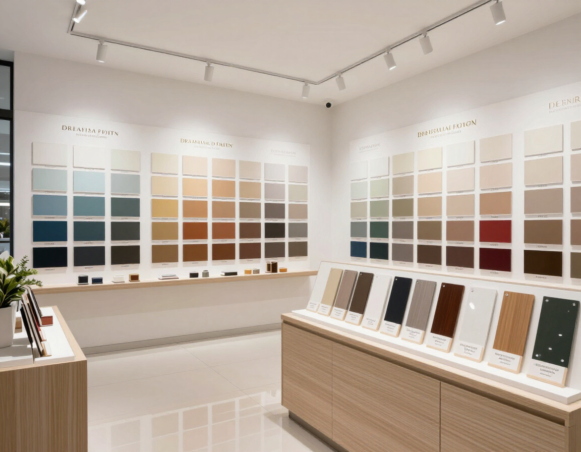 Muestrario de pinturas arquitectónicas en showroom profesional