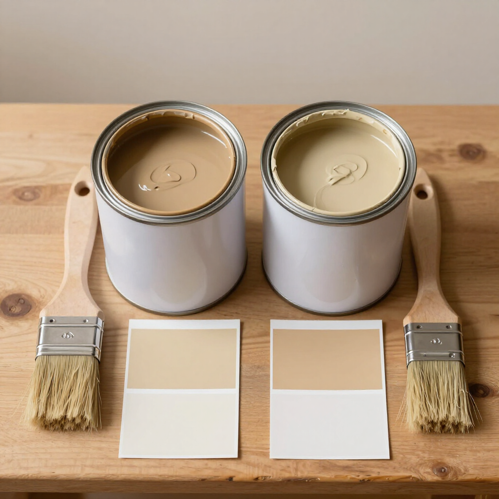 Latas de pintura y muestras para comparar vinílica y esmalte acrílico