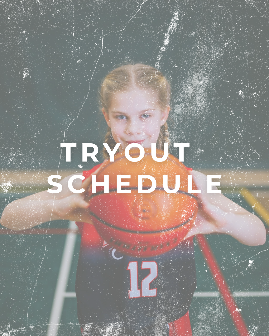 Tryout schedule overlaid on a volleyball player holding a ball on a court