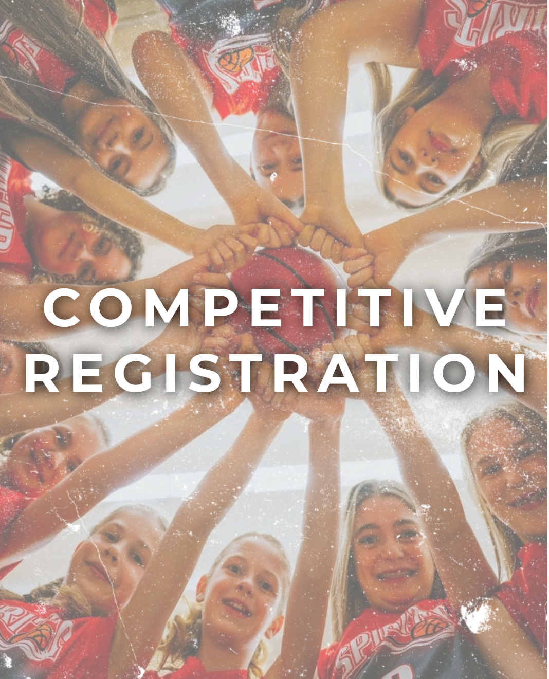 People in red shirts huddle in a circle with hands together; text reads “COMPETITIVE REGISTRATION”