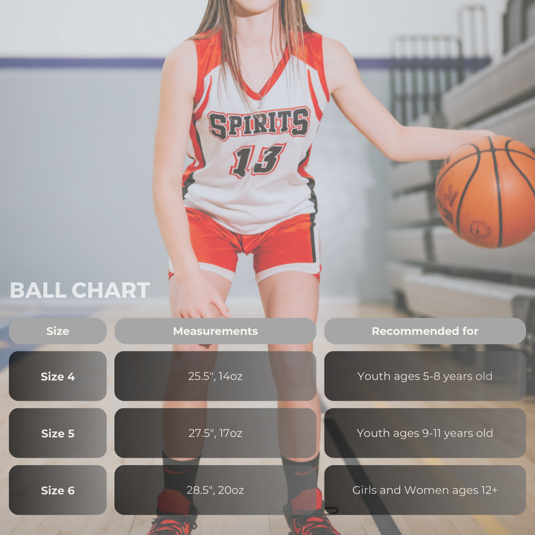 Basketball player in white and red uniform dribbling a ball beside a size chart overlay.