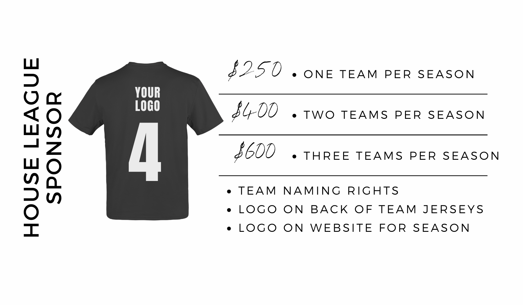 House League sponsor ad with black hockey jersey and season package pricing details